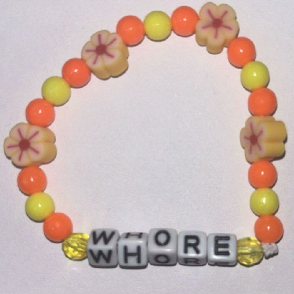 Handmade Beaded Charm Bracelet Flowers & Letter Beads Orange adult humor